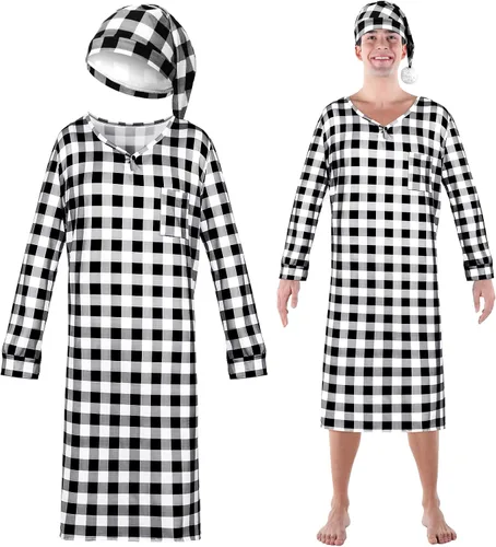 Conjunto de camisa de dormir y gorro de dormir de manga larga para hombre con diseño de cuadros navideños y gorro de dormir con pompones