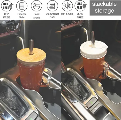 Vista 5 de Vasos de vidrio acanalados con tapas y pajitas de bambú, vaso para café helado con asa, tarro Mason con tapa de 24 onzas, vasos de boca ancha, vaso