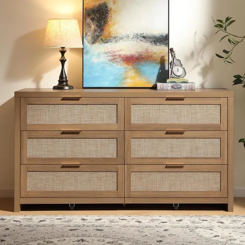 Vista 8 de SICOTAS Cómoda de ratán para dormitorio, cómoda de 57 pulgadas de ancho con 6 cajones con amplio almacenamiento, cómoda grande, armario, soporte