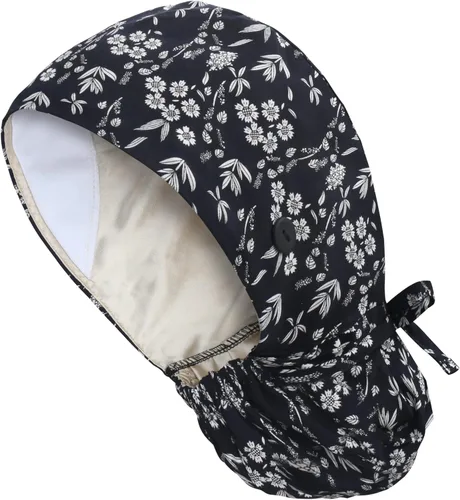 Vista 26 de Gorra médica con forro de satén con bolsillo para cola de caballo, gorro de enfermera médica de algodón con banda elástica para el sudor
