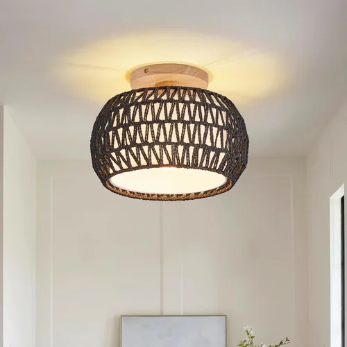 Vista 11 de Lámpara de techo de ratán bohemio, 3 opciones de estilo, luces de techo de mimbre semiempotradas, accesorios de luz costera beige, candelabro