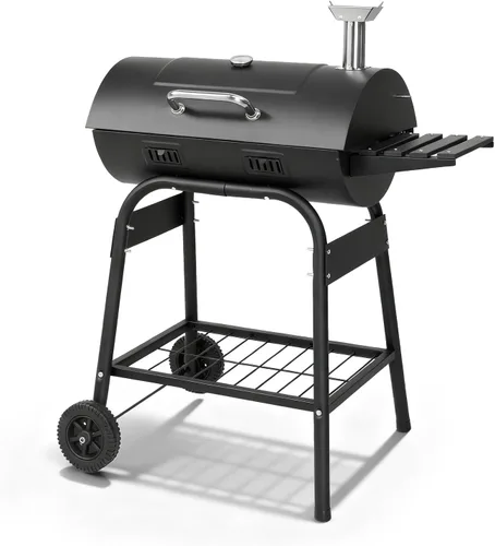 Vista 11 de Outvita - Barbacoa de barril de carbón con rejilla de calentamiento, barbacoa al aire libre con mesa lateral delantera con casi 564 pulgadas