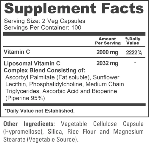 Vista 4 de Vitamina C liposomal, sin OMG, vegana, 2032 mg, 200 cápsulas vegetales
