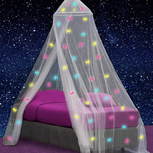 Vista 13 de Dosel para cama de niñas con estrellas pre-pegadas que brillan en la oscuridad - Red mosquitera de princesa decoración de habitación - Tienda