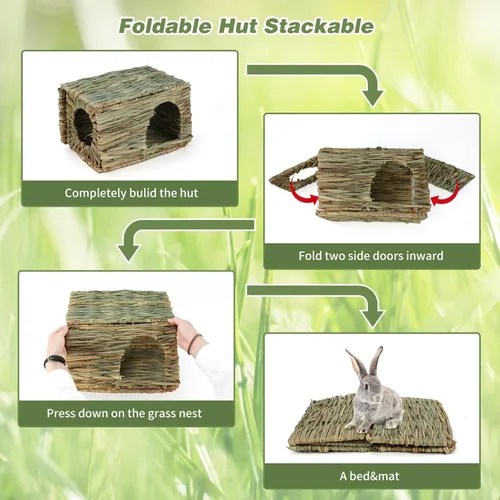 Vista 5 de BWOGUE Casa de hierba de conejo grande, cama natural de hierba marina, juguete escondite de conejo, tapete de heno para masticar, conejillo