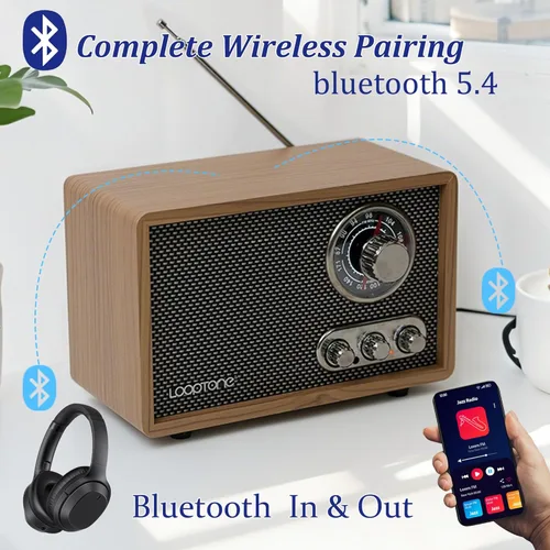 Vista 4 de LoopTone Radio AM FM para el hogar, radio de madera retro Bluetooth con entrada AUX, conector para auriculares, radio de mesa vintage con control