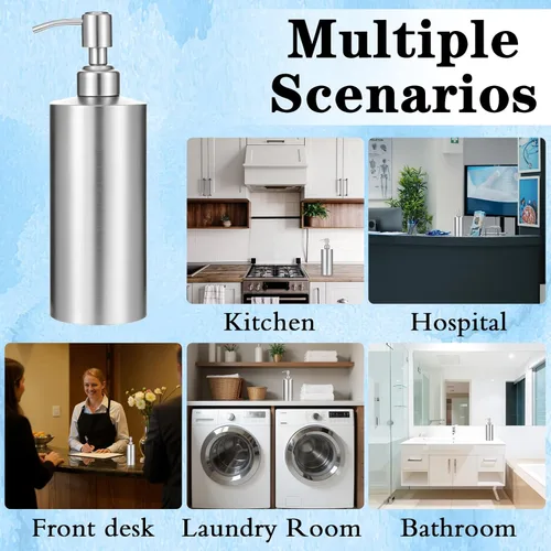 Vista 6 de 2 dispensadores de jabón de níquel cepillado de acero inoxidable (18.6 onzas/18.6 fl oz), botella de jabón líquido de manos para encimera, a prueba
