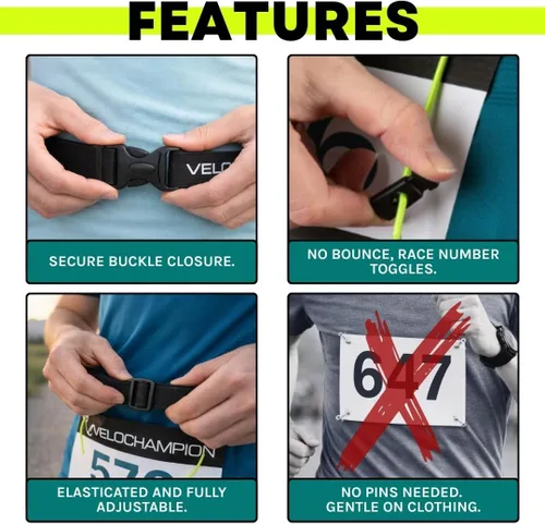 Vista 3 de VeloChampion Cinturón Riñonera para Correr – Ajuste Elástico Extensible para Triatlón, Maratón, Ciclismo y Portador de Número de Carrera, Negro