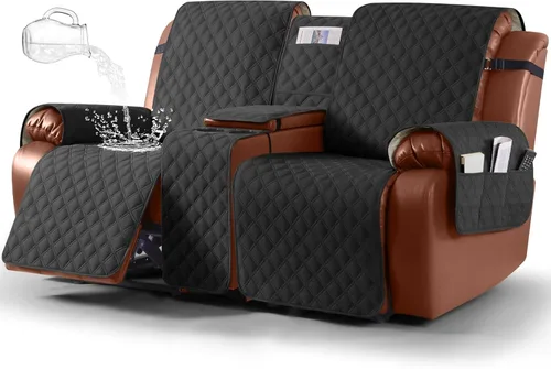 Vista 23 de Ruaozz Funda impermeable para sofá biplaza reclinable con consola, funda antideslizante para sofá reclinable dividido, con correas elásticas, Beige
