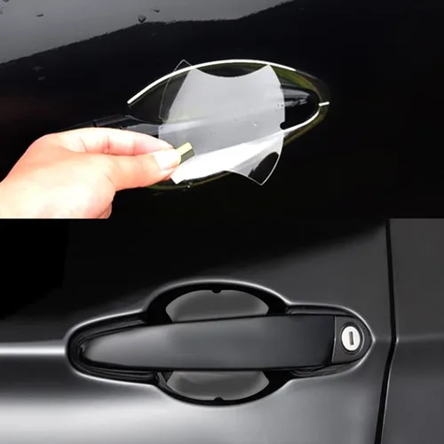 Vista 2 de Paquete de 4 protectores universales transparentes para manijas de puerta de automóvil, material TPH, 3.7 x 3.3 pulgadas