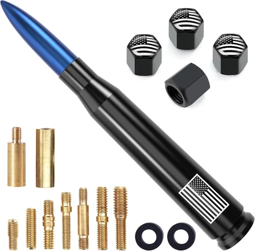 Vista 26 de Antena corta para camión de automóvil de 4 pulgadas con tapas de válvula de neumáticos, bandera estadounidense, repuesto universal para GMC Sierra