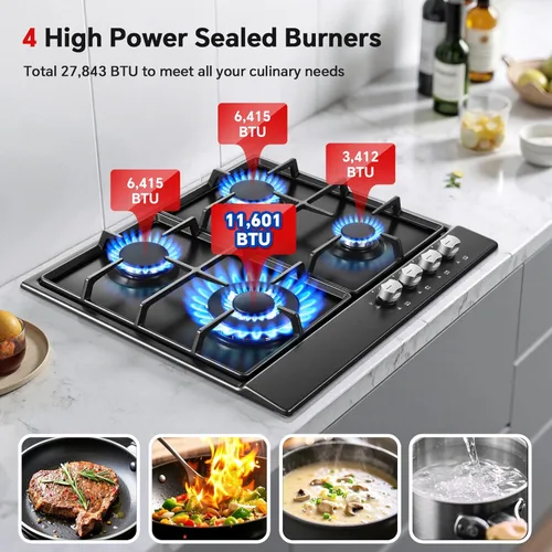 Vista 2 de Estufa de Gas de 24 Pulgadas Eascookchef, Placa de Cocina de Gas de 24 Pulgadas con 4 Quemadores, Placa de Cocina Empotrada NG/LPG Convertible
