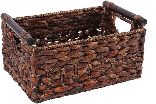 Canasta de almacenamiento fabricada con jacinto de agua y asas de madera, para manualidades y artesanías. (RectánguloA-Mediano)