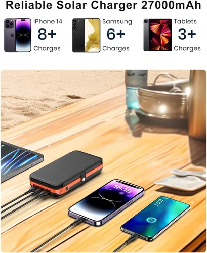 Vista 2 de CONXWAN Cargador solar - Cargador solar USB C de 27000 mAh con 3 salidas USB con 4 paneles solares plegables, cargador de batería compatible