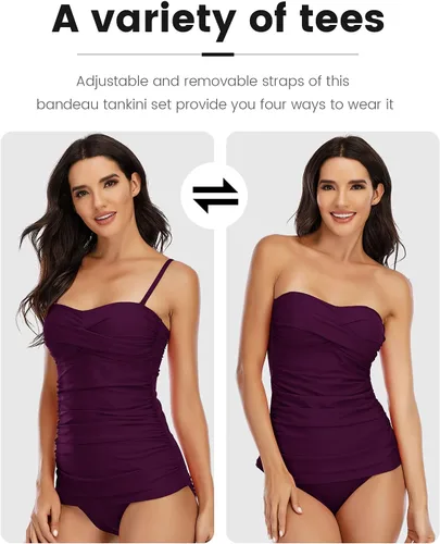 Vista 3 de Conjunto de tankini bandeau con nudo frontal para mujer, traje de dos piezas fruncido con control de abdomen y calzones de cintura media