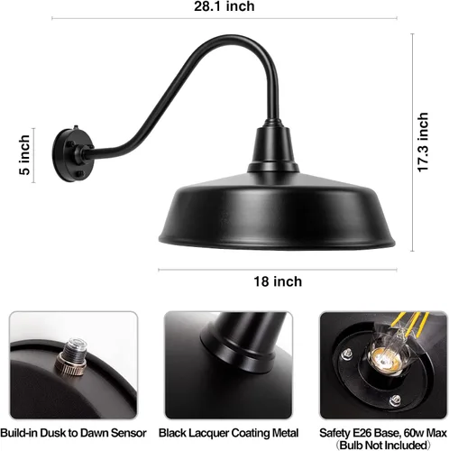 Vista 7 de 3 luces de granero de cuello de cisne de 18 pulgadas para exteriores, lámpara de pared exterior de granja para casa, sensor de atardecer a amanecer