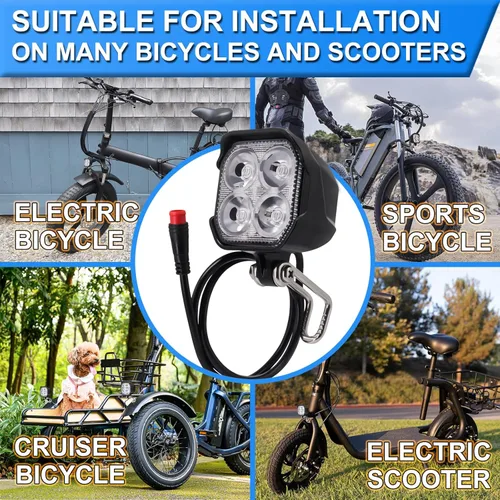 Vista 4 de Faro eléctrico para bicicleta, 4 piezas LED de 400 lúmenes, compatible con 24 V, 36 V, 48 V, conector impermeable de 2 pines, luz delantera