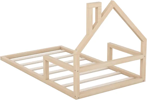 Vista 14 de P PURLOVE Base de cama de tamaño matrimonial con cabecera en forma de casa, plataforma de madera para casa, cama de tamaño matrimonial con soporte