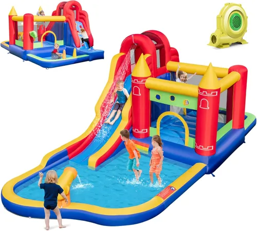 Vista 14 de HONEY JOY Tobogán acuático inflable, casa de rebote de tobogán acuático 9 en 1 con piscina de salpicaduras, tobogán largo, pozo de bolas con 50