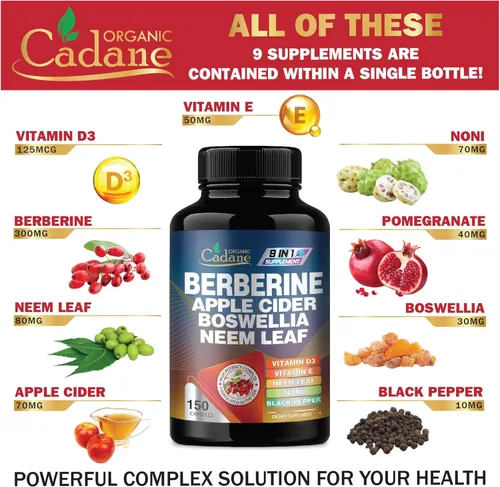 Vista 3 de Organic Cadane Suplemento de berberina 150 cápsulas, con hoja de neem, vinagre de sidra de manzana, VIT D3, E y más, extracto de berberina, apoyo