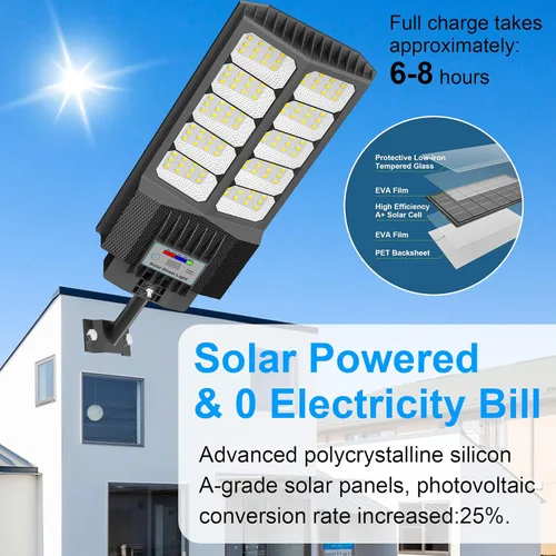 Vista 3 de Luces solares de calle de 6500 W impermeables para exteriores, luz solar comercial para exteriores, carga rápida, 120 luces LED solares de alto