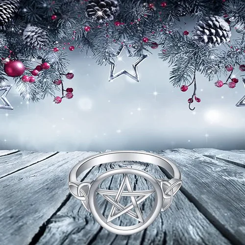 Vista 5 de Anillo de plata de ley S925 con amuleto de pentagrama de pentáculo, nudo celta, estrella y bruja, joyería para mujeres y hombres