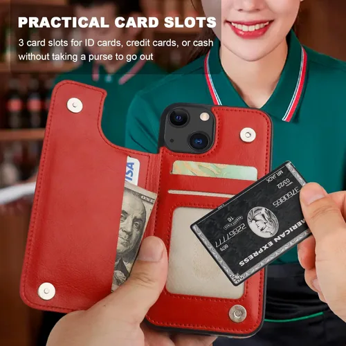 Vista 3 de ONETOP - Funda tipo cartera para iPhone 13 con soporte para tarjetas, anillo de rotación de 360°, bloqueo RFID, piel sintética, doble cierre Rojo
