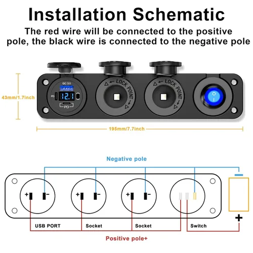 Vista 7 de (4 en 1) Panel de enchufe de encendedor de cigarrillos USB de 12 V: 78 W 3 puertos USB C 12 V Salida Dual PD 30W y QC 18W Puerto con voltímetro