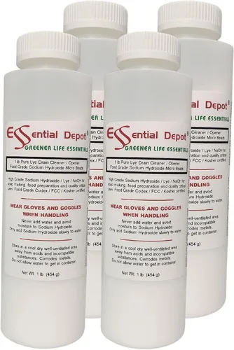 Essential Depot Micropelones de hidroóxido de sodio de grado alimenticio de 4 libras (cuentas o partículas) – 4 botellas de 1 libra – Limpiador de