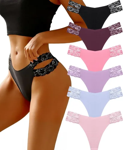 FINETOO Tangas sin costuras para mujer, paquete de 6, ropa interior sexy con cintura en V para mujer, bragas invisibles con espalda en T para mujer