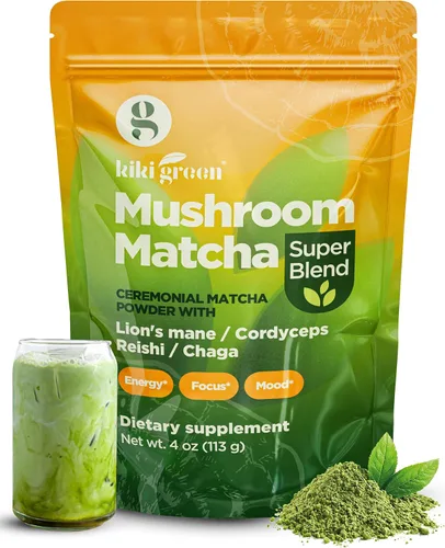 KIKI Green Mushroom Matcha Powder Super Blend 4 oz – Alternativa de café de hongos para una mejor energía, concentración e inmunidad – con melena de
