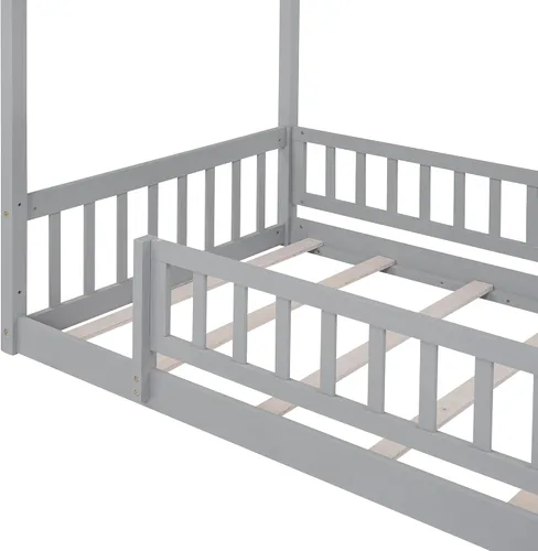 Vista 14 de Harper & Bright Designs Cama Montessori de tamaño matrimonial, cama de piso para niños con barandilla de valla, marcos de cama matrimonial de madera