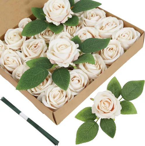 Vista 10 de Rosas Artificiales Rojas 25 PCS Rosas de Terciopelo Flores Artificiales de Aspecto Real Flores de Seda con Tallos para Bricolaje Boda Fiesta Baby