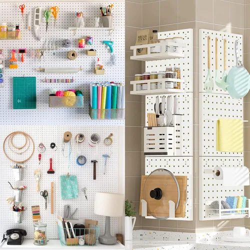 Vista 6 de 8 piezas de paneles organizadores de pared con tablero de clavijas, tablero de clavijas blanco para montar en la pared para sala de manualidades