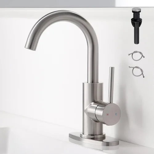 Vista 9 de Grifo de Baño Negro Grifos de Tocador Negro Mate con Desagüe Pop-Up, Grifos Modernos de Lavabo de Baño de Un Solo Orificio con Placa de Cubierta