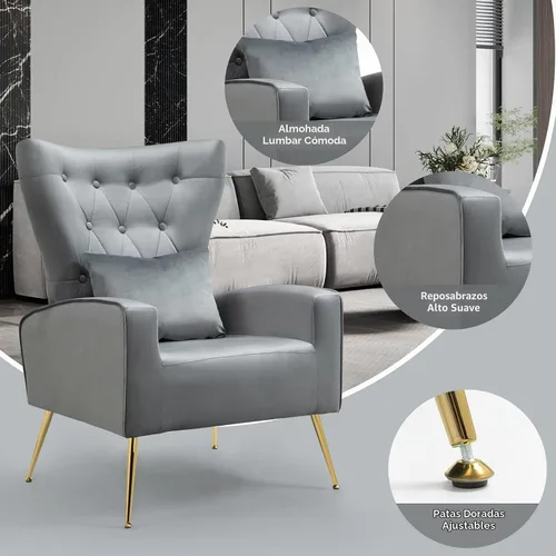 Vista 3 de ZJhome Juego de 2 Sillas de Sala con Capitoné, Silla de Acento de Terciopelo con Respaldo Alto con Almohada Lumbar, Sillas de Dormitorio Silla