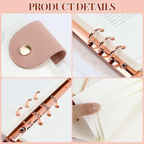 Vista 3 de MultiBey Carpeta A5 con 6 anillas transparentes, anillo redondo de oro rosa con 90 hojas de papel interior forrado, carpeta de presupuesto A5