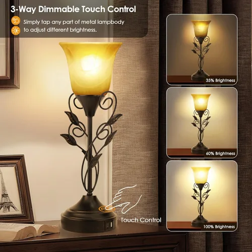 Vista 4 de Lámpara de mesa para dormitorio, lámparas de noche, juego de 2 puertos USB duales, 3 vías, regulable, control táctil, lámpara de mesita de noche