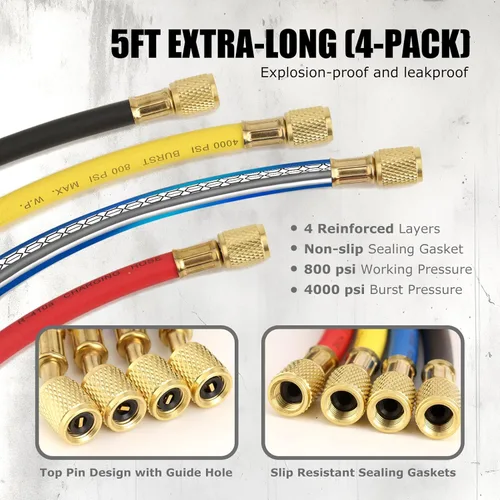 Vista 4 de 2020 UPGRATE, juego de manómetro de 4 vías de A/C para refrigerantes R134A R410A R404A R22 con manguera de 5 pies, 3 adaptadores de tanque Acme