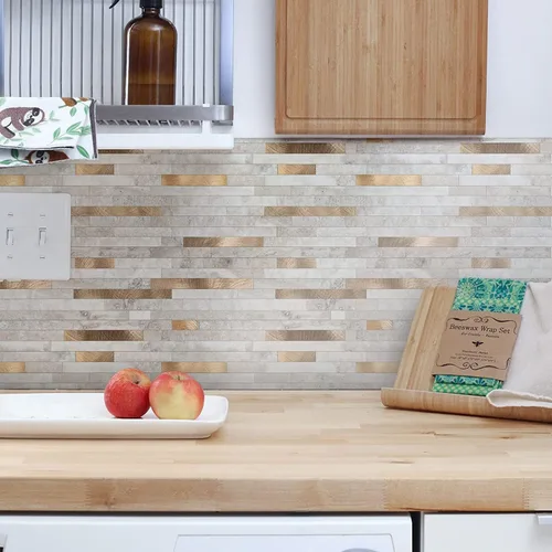 Vista 3 de KASARO - Azulejos de 1 hoja para pelar y pegar para salpicaduras de cocina, mármol beige con rayas doradas antiguas, azulejo autoadhesivo