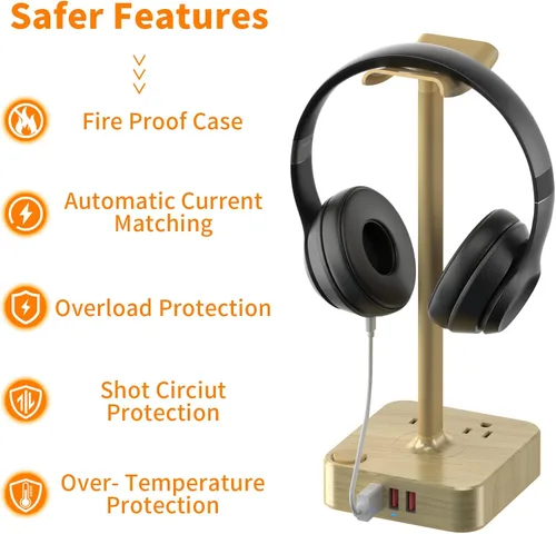 Vista 4 de cozoo Soporte para auriculares con 3 cargadores USB, soporte para auriculares de escritorio para juegos con 3 puertos de carga USB y 2 salidas