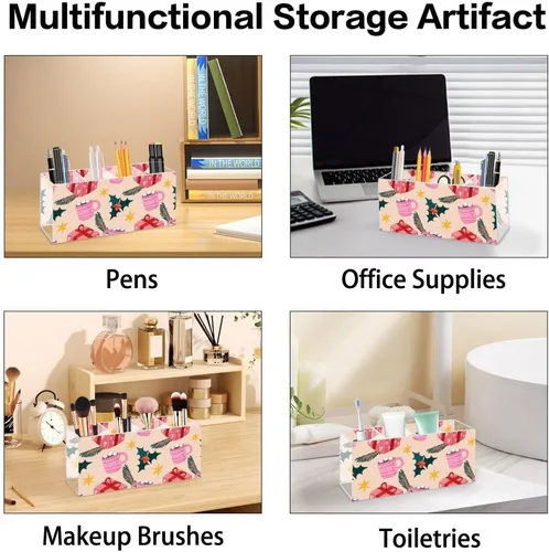 Vista 7 de Cute Christmas Mugs Acrylic Dorm Makeup Brush Holder With 4 Compartments Pen Desk Organizer Makeup Brush Storage Bow Desk Accessories Caddy Pen