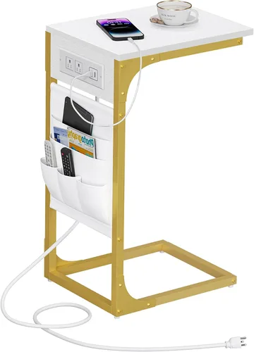 Vista 17 de TUTOTAK - Mesa auxiliar en forma de C, mesa lateral para sofá, mesa de sofá con bolsa de almacenamiento, bandeja para TV para sala de estar Negro