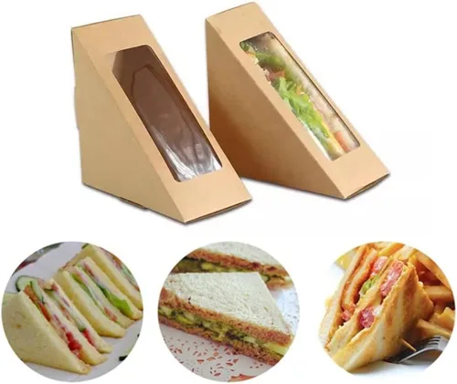 Vista 5 de 50 cajas de papel sándwich, cajas de sándwich de papel kraft con ventana, caja de cuña, recipiente individual para sushi para panadería, pastel