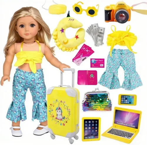 Vista 10 de ebuddy Ropa y accesorios para muñecas de 18 pulgadas, juego de maleta de viaje para muñecas de 18 pulgadas, vestido de princesa de flores