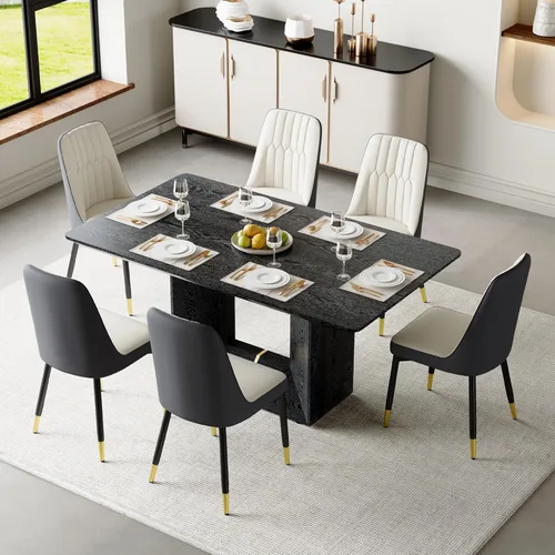 Vista 7 de Mesa de comedor negra de 160 cm para 4-6 personas ｜ Ideal para cocina y comedor ｜ Mesa de comedor moderna ｜ Chapa de grano de madera ｜ Base