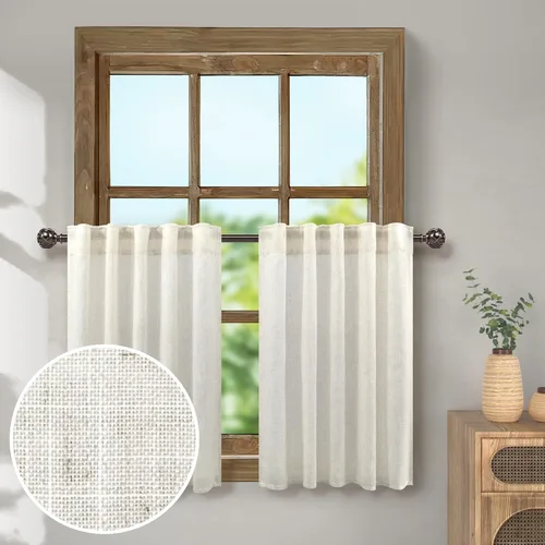 Pitalk Cortinas de lino para café de 24 pulgadas de largo, con bolsillo trasero, plisadas, estilo bohemio, granja, cocina, cortinas para ventana