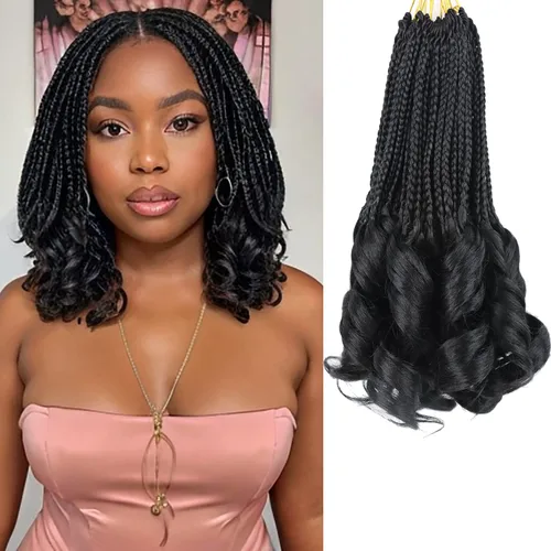 Vista 36 de Cabello de ganchillo con rizos franceses, trenzas de cabello de ganchillo con puntas rizadas, 14 pulgadas, preenlazadas, trenzas de caja tipo diosa