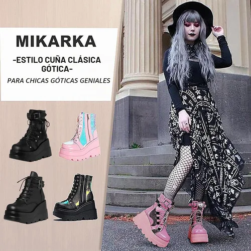 Vista 5 de mikarka Botas holográficas de plataforma para mujer, con cordones en el tobillo, con tachuelas y hebilla, góticas, de cuña apilada, botines