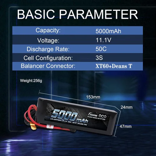 Vista 2 de Gens ace 5000mAh 11.1V 3S 50C 3 Cell LiPo Battery Pack with XT60 and T Plug (Updated) for TRX RC Cars Slash vxl Slash 4x4 vxl E-maxx Brushless Axial